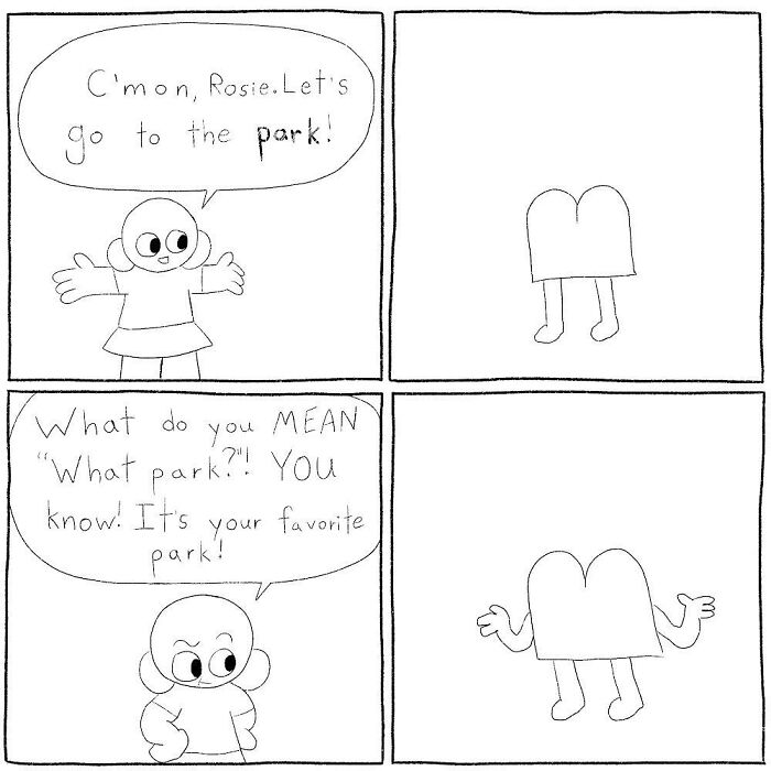 Minimalist comic panels by Cyelatm showing a humorous and relatable conversation about going to the park.