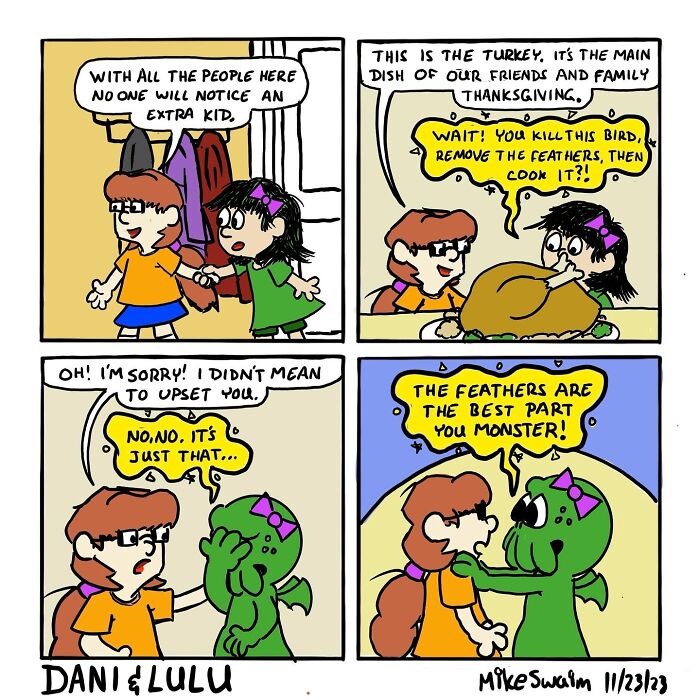 Dani and Lulu comic strip by Mike Swaim featuring a humorous Thanksgiving turkey discussion.