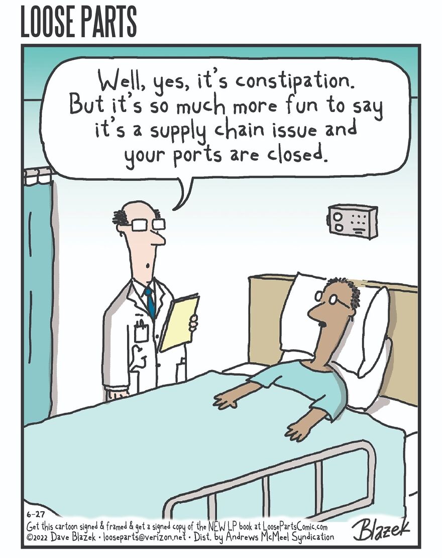 Cartoon showing a doctor humorously describing constipation as a supply chain issue in a hospital setting.