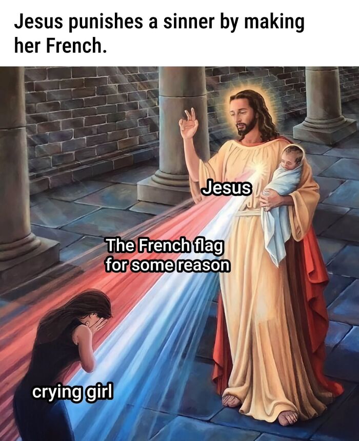 Classical painting cleverly captioned showing Jesus with the French flag and a crying girl in a humorous scene.