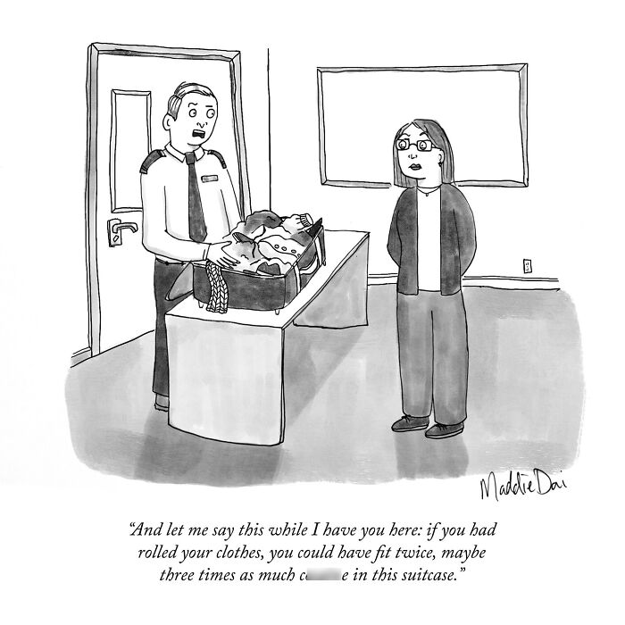Cartoon by Maddie Dai showing a security officer inspecting an overpacked suitcase with a frustrated traveler nearby.