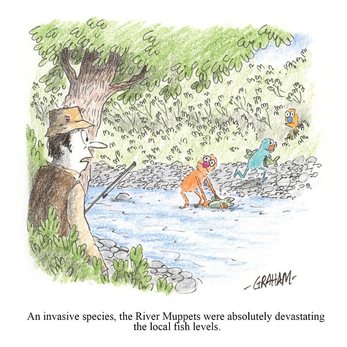River Muppets comic by Graham Annable showing colorful creatures disrupting a fisherman by the river in a one panel comic.
