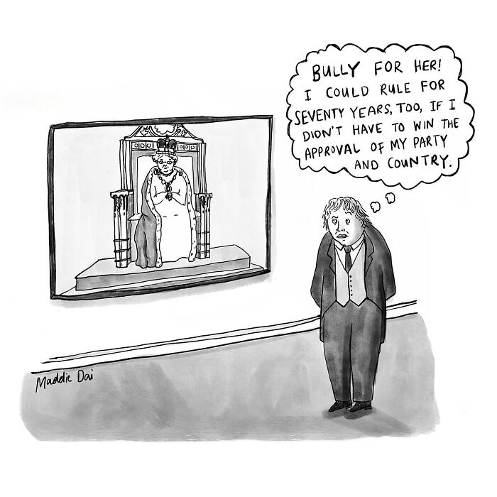 Cartoon by Maddie Dai showing a man imagining ruling for seventy years without party or country approval.