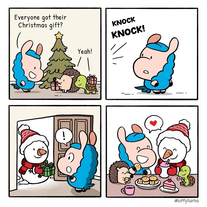 Wholesome comic panels showing a blue llama and a hedgehog enjoying Christmas with friends and holiday treats.