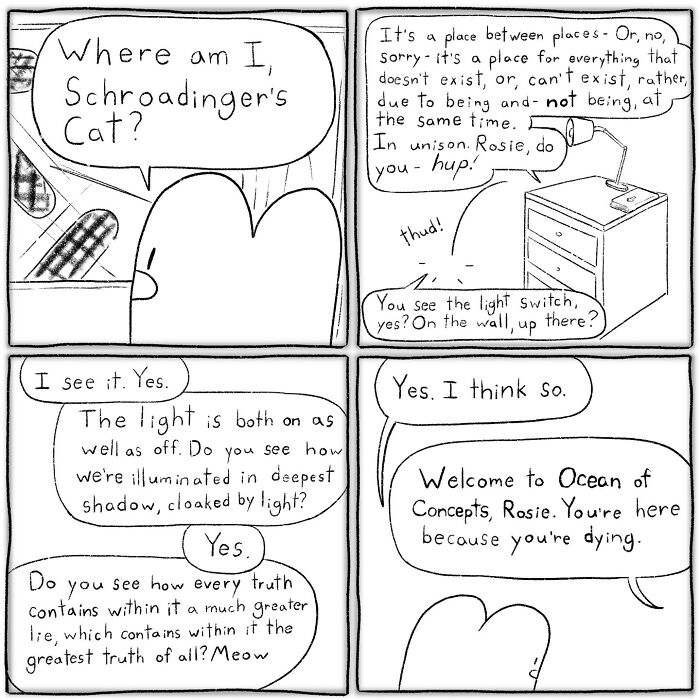 Black and white comic panels by Cyelatm exploring existential questions and relatable feelings in a simple drawn style.