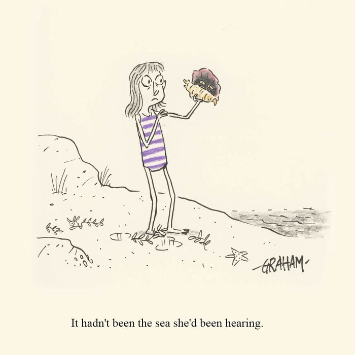 Girl on the beach holding a shell with a hidden creature inside in a Graham Annable one panel comic with an unexpected twist.