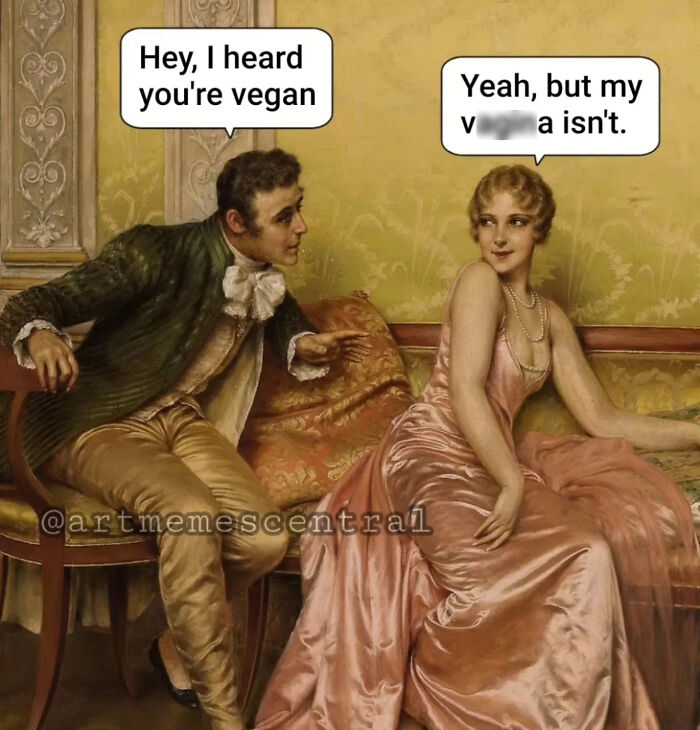 Classical painting humor with clever captions showing a man and woman in vintage attire having a witty conversation.