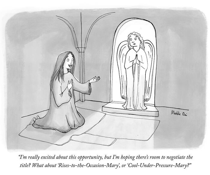 Black and white cartoon by Maddie Dai showing a woman kneeling and negotiating with an angel statue about her title.