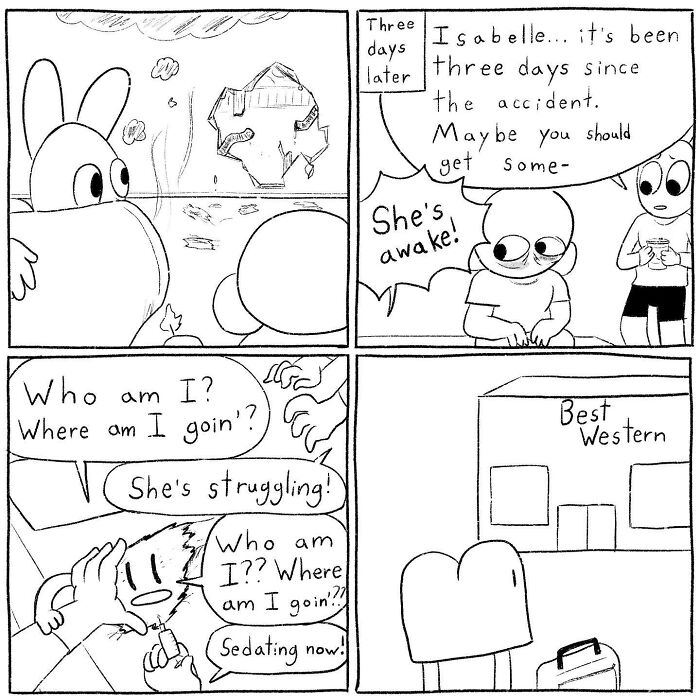 Black and white comic panels by Cyelatm showing characters dealing with an accident and emotional struggle, relatable comics style.