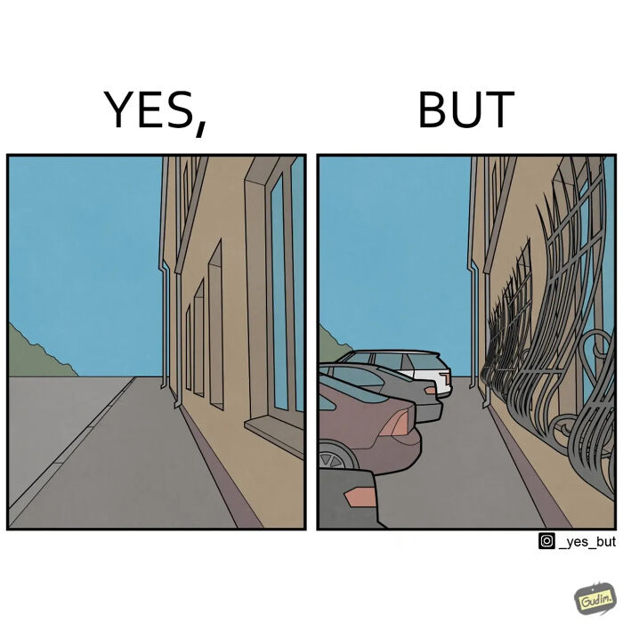 Funny Yes But comic panels showing a plain street view and a distorted street with parked cars and bent bars.