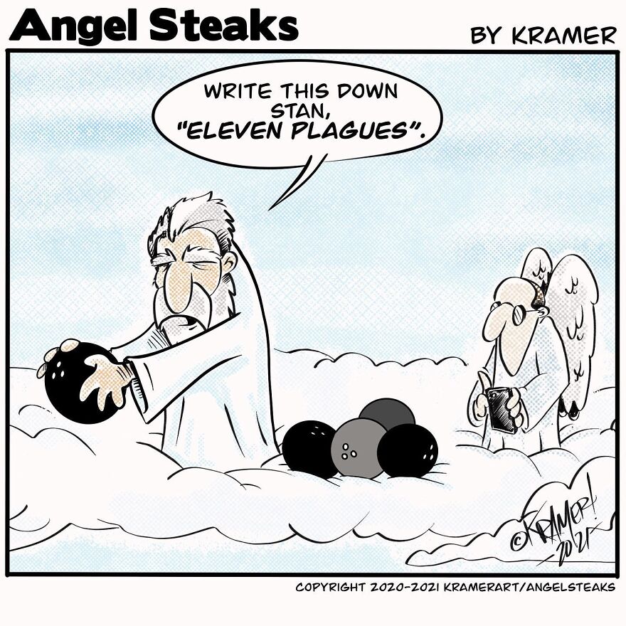 Cartoon from Angel Steaks series shows God instructing an angel while holding a bowling ball on clouds.