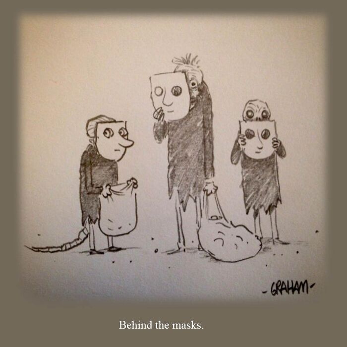 Three characters in a Graham Annable one panel comic removing masks to reveal unexpected hidden faces underneath.