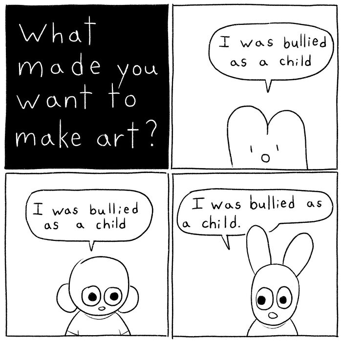 Black and white comic by Cyelatm showing characters discussing being bullied as a child, reflecting relatable emotions.