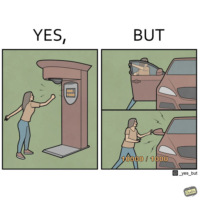 Woman interacting with a punching machine and car side mirror in funny yes but comics about modern life strangeness.