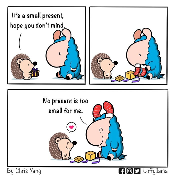 Wholesome comic of a llama and hedgehog showing friendship with a small gift exchange in a cute cartoon style.