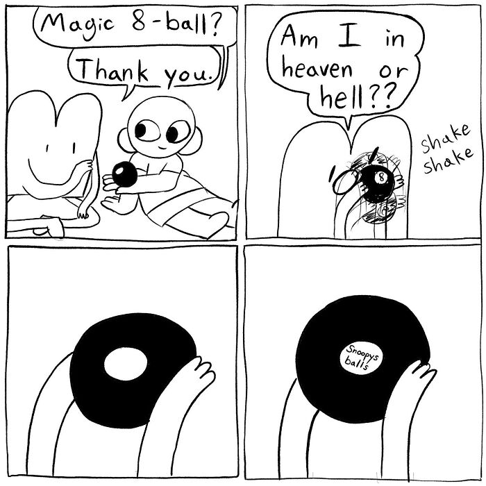 Black and white comic by Cyelatm showing a character shaking a magic 8-ball with a relatable humorous twist.