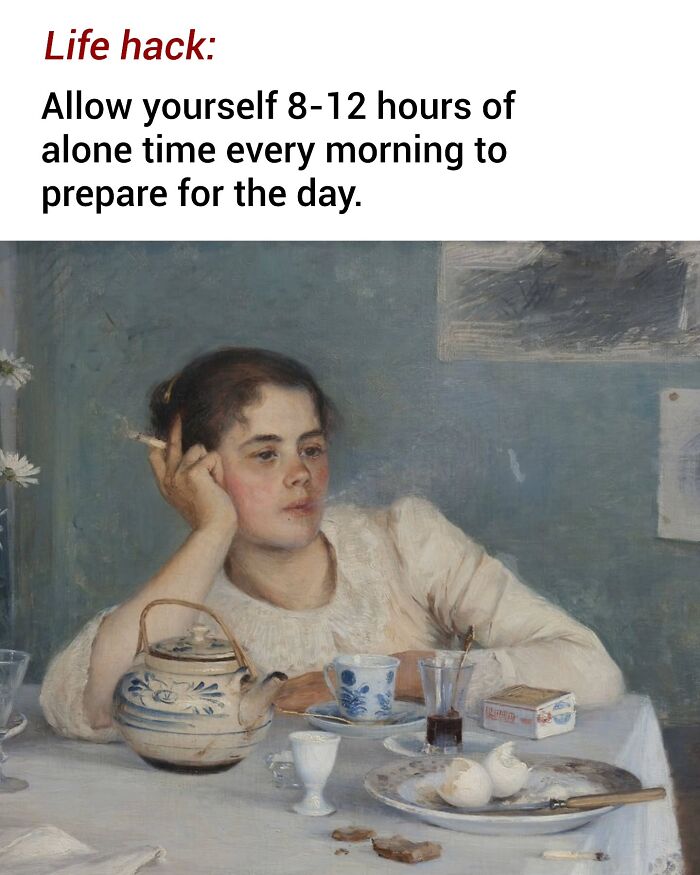 Classical painting of a woman resting at a table with tea and eggs, cleverly captioned by a beloved Instagram creator.