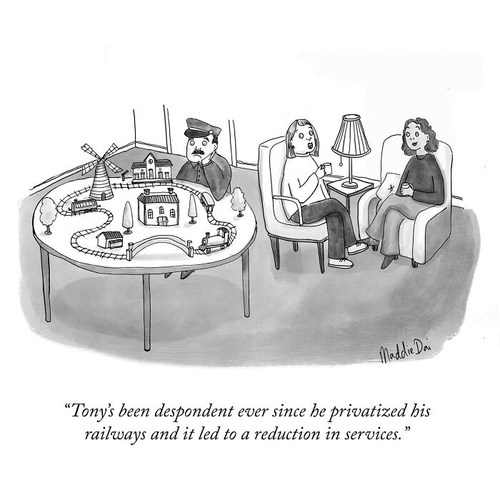 Clever and relatable cartoon by Maddie Dai showing a man upset at a miniature railway with reduced train services.
