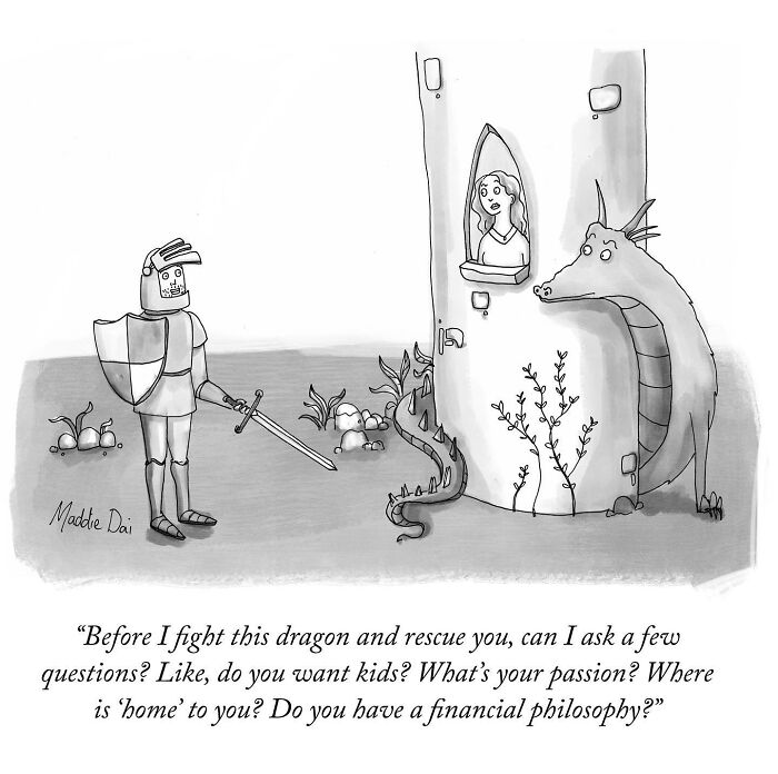 Cartoon of a knight asking questions to a princess with a dragon at the castle, clever and relatable cartoon by Maddie Dai.
