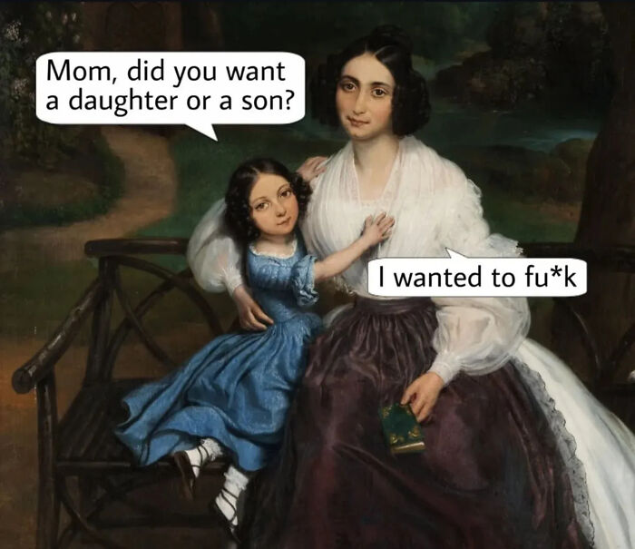 Classical painting of a mother and daughter with clever captions, showcasing humor by a beloved Instagram creator.
