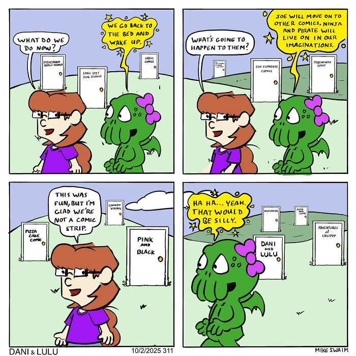 Dani and Lulu characters discussing comics and imaginations in a colorful comic strip panel by Mike Swaim.