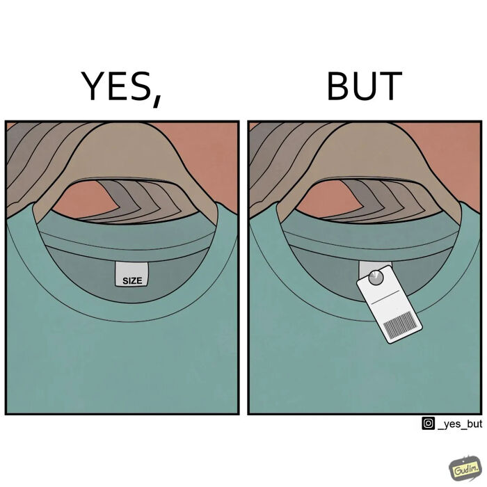 Cartoon comic showing a green shirt on hangers labeled size with and without a price tag in funny yes but comics style.
