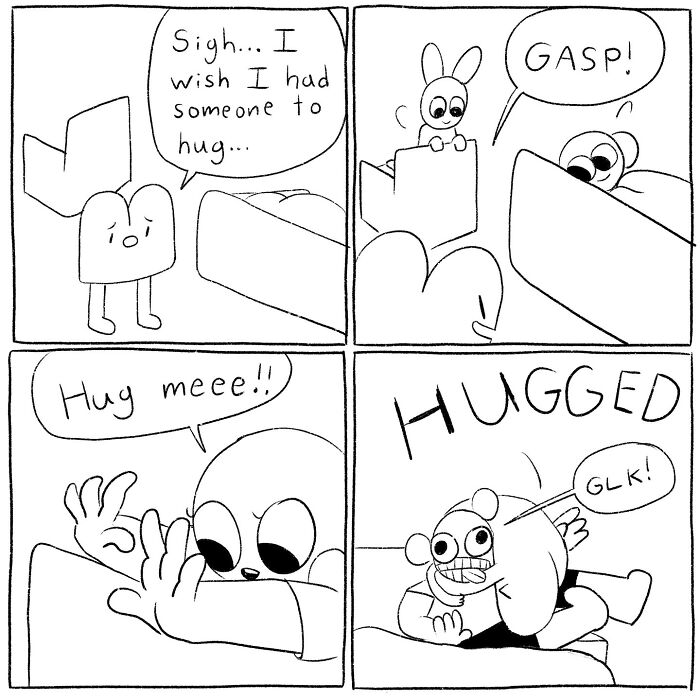 Black and white comic panels by Cyelatm showing an awkward yet relatable hug between cartoon characters.