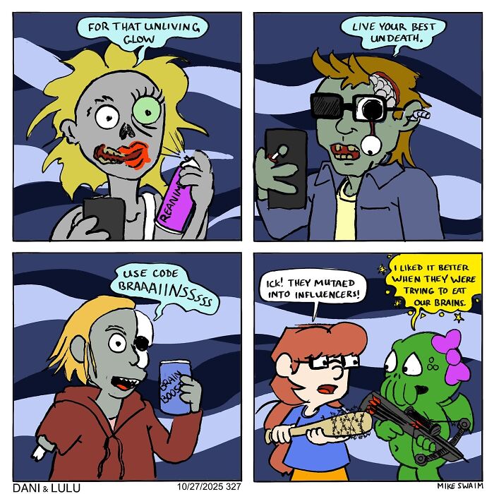 Zombies in Dani & Lulu comics by Mike Swaim using brain products and reacting to influencers humorously.