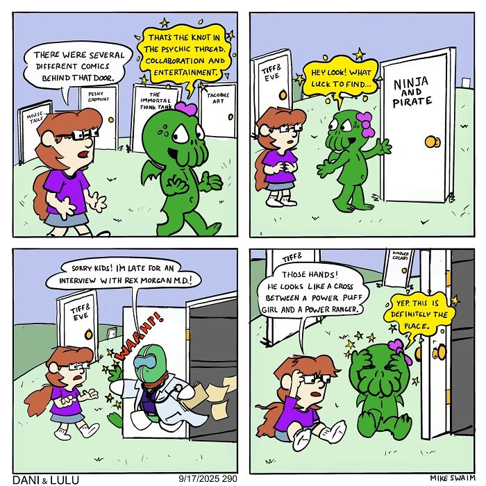 Dani and Lulu comic panels featuring characters exploring doors with quirky signs and humorous dialogue.