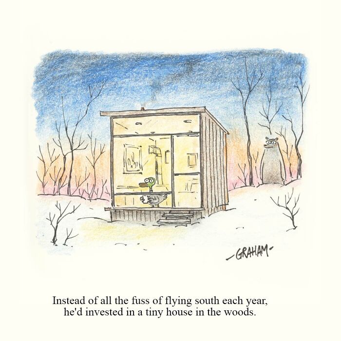 One panel comic by Graham Annable showing a duck in a tiny house with a bear lurking outside in the woods.