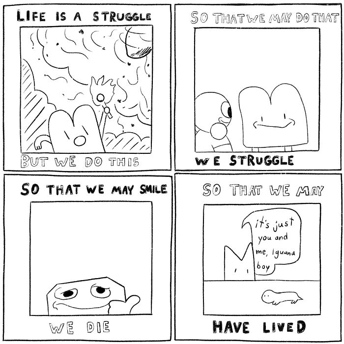 Black and white comic panels showing relatable struggles of life, smiling, and living with simple cartoon characters.