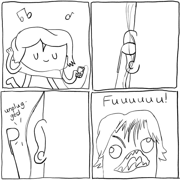 Black and white comic strip by Cyelatm showing a relatable moment of frustration when earbuds are unplugged unexpectedly.