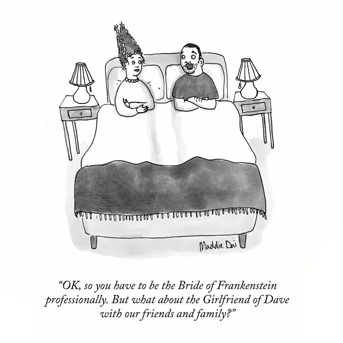 Clever and hilariously relatable cartoon by Maddie Dai showing a couple in bed discussing personal and social roles.