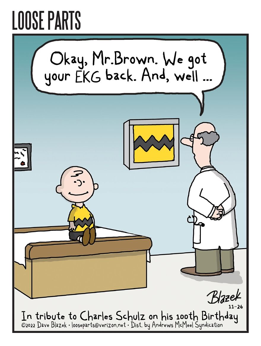 Cartoon showing a hospital scene with a doctor and patient discussing an EKG, illustrating a hospital-themed cartoon by Dave Blazek.