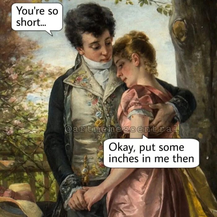 Classical painting of a couple with clever captions, showcasing humor by a beloved Instagram creator in art memes.