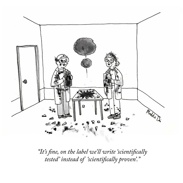 Black and white clever cartoon by Maddie Dai showing two scientists in a lab with an exploded experiment and humorous dialogue.