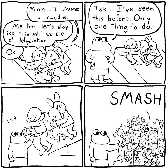 Black and white comic by Cyelatm showing characters cuddling and one smashing an uncomfortable relatable scene.