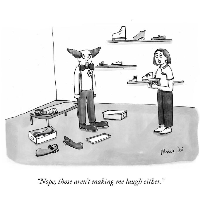 Cartoon showing a clown in a shoe store with a salesperson, illustrating relatable humor by Maddie Dai.