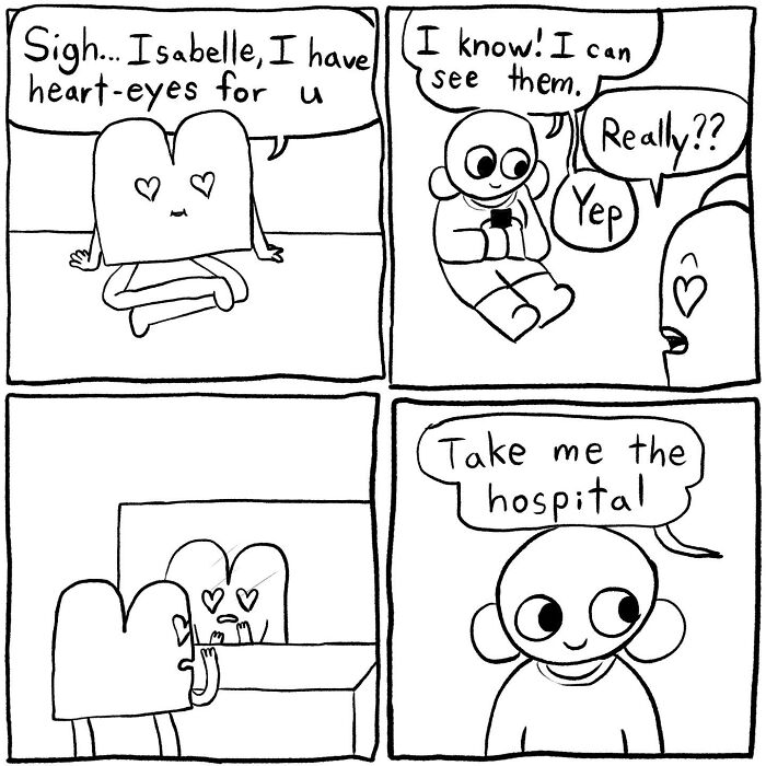 Black and white comic illustration by Cyelatm showing relatable characters with heart eyes and humorous dialogue.