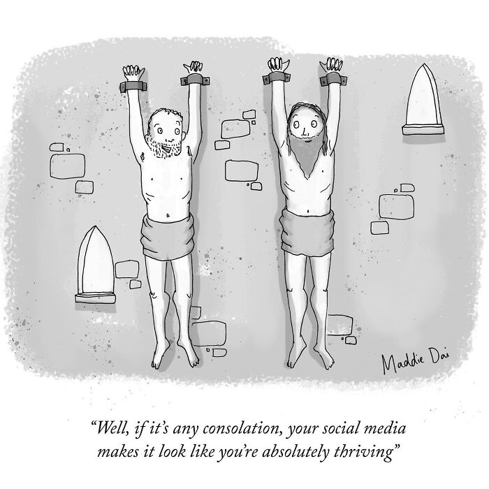 Two cartoon men shackled and hanging on a wall with a humorous social media commentary, clever relatable cartoons by Maddie Dai.