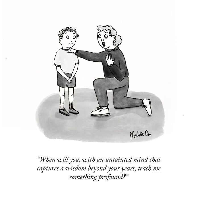 Cartoon by Maddie Dai showing a person kneeling and speaking to a child, illustrating clever and relatable humor.
