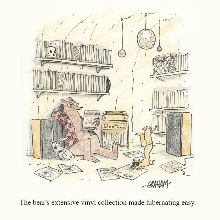 Bear and animals enjoying vinyl records in a cozy room, a Graham Annable one panel comic with an unexpected twist.