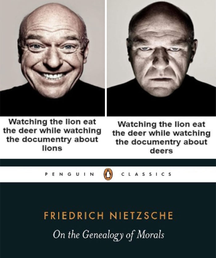 A split image showing contrasting facial expressions with a philosophical meme about perception and morality.