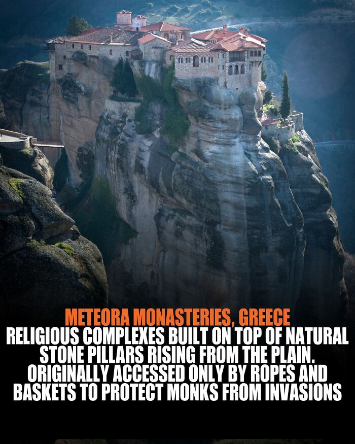 Aerial view of Meteora monasteries in Greece on natural stone pillars offering unique world knowledge and facts.