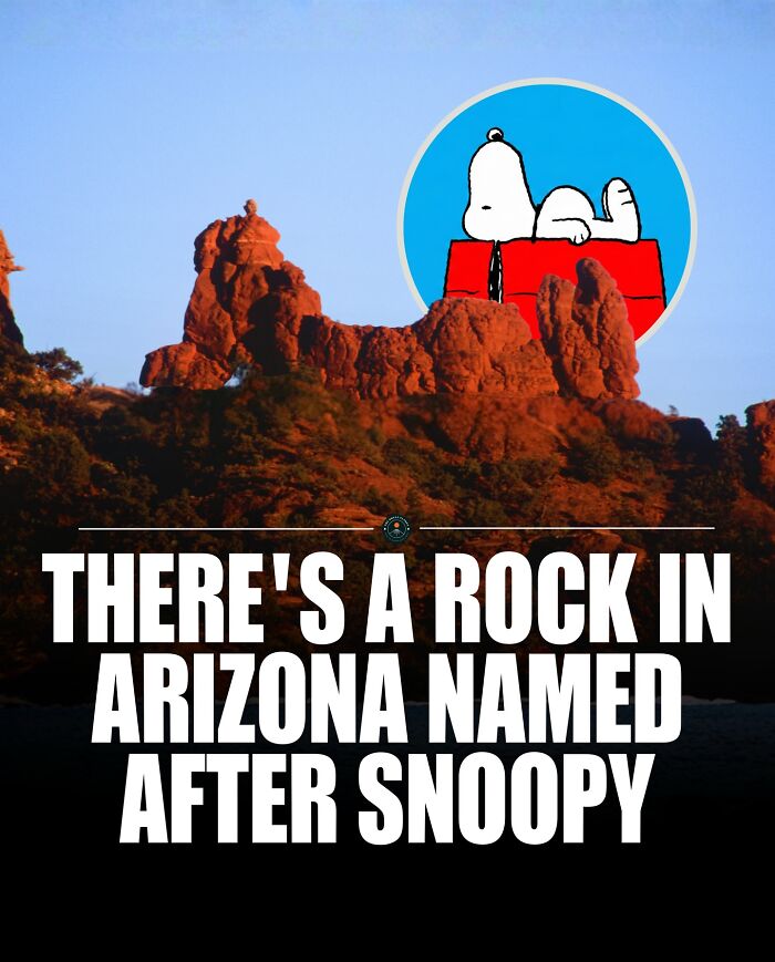 Red rock formation in Arizona named after Snoopy with an overlay of Snoopy on his doghouse graphic.