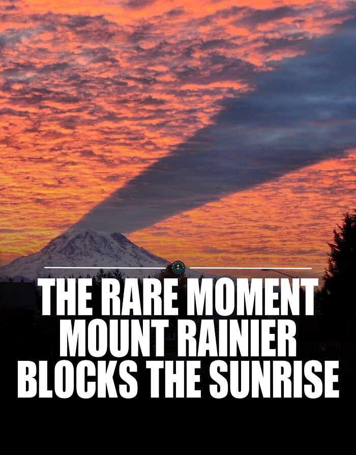 Sunrise sky partially blocked by Mount Rainier, a rare natural moment capturing stunning world knowledge and facts.
