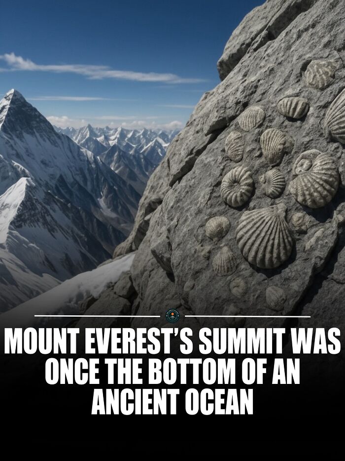 Fossils embedded in Mount Everest rock with snow-covered peaks in the background, illustrating world knowledge facts.