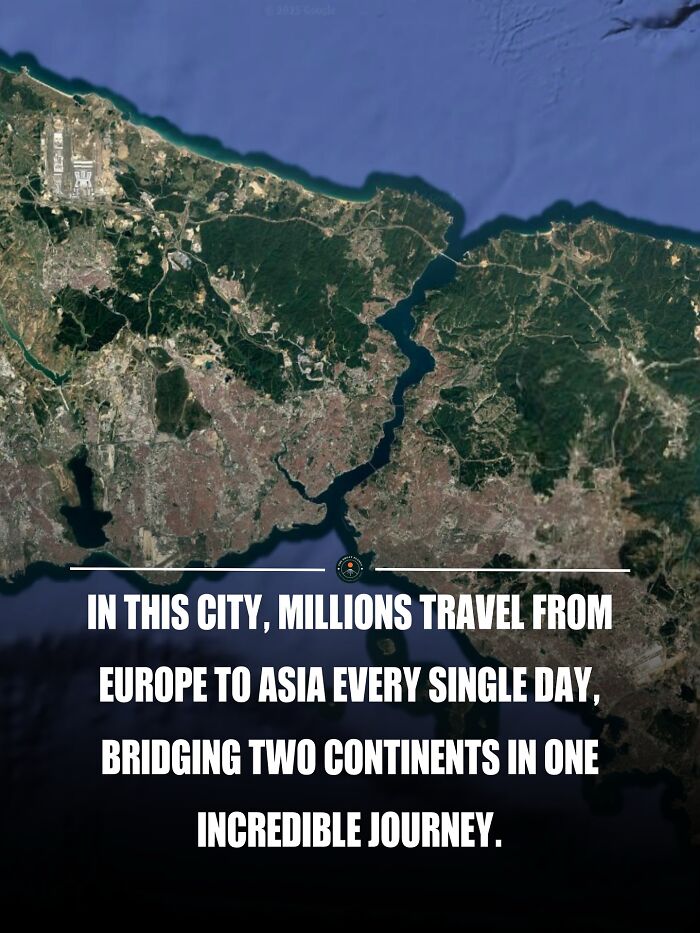 Satellite image showing a city bridging Europe and Asia, highlighting interesting facts about the world travel journey.