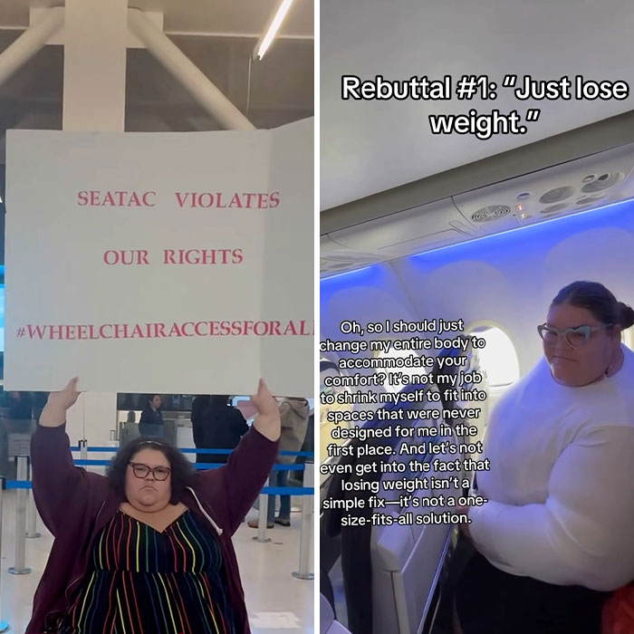 Plus-size influencer holding a wheelchair access rights sign and responding to weight loss remarks on an airplane.