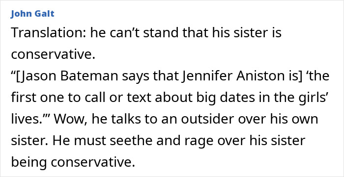 Text excerpt revealing Jason Bateman raises eyebrows with a critical remark about his sister Justine&rsquo;s conservatism.